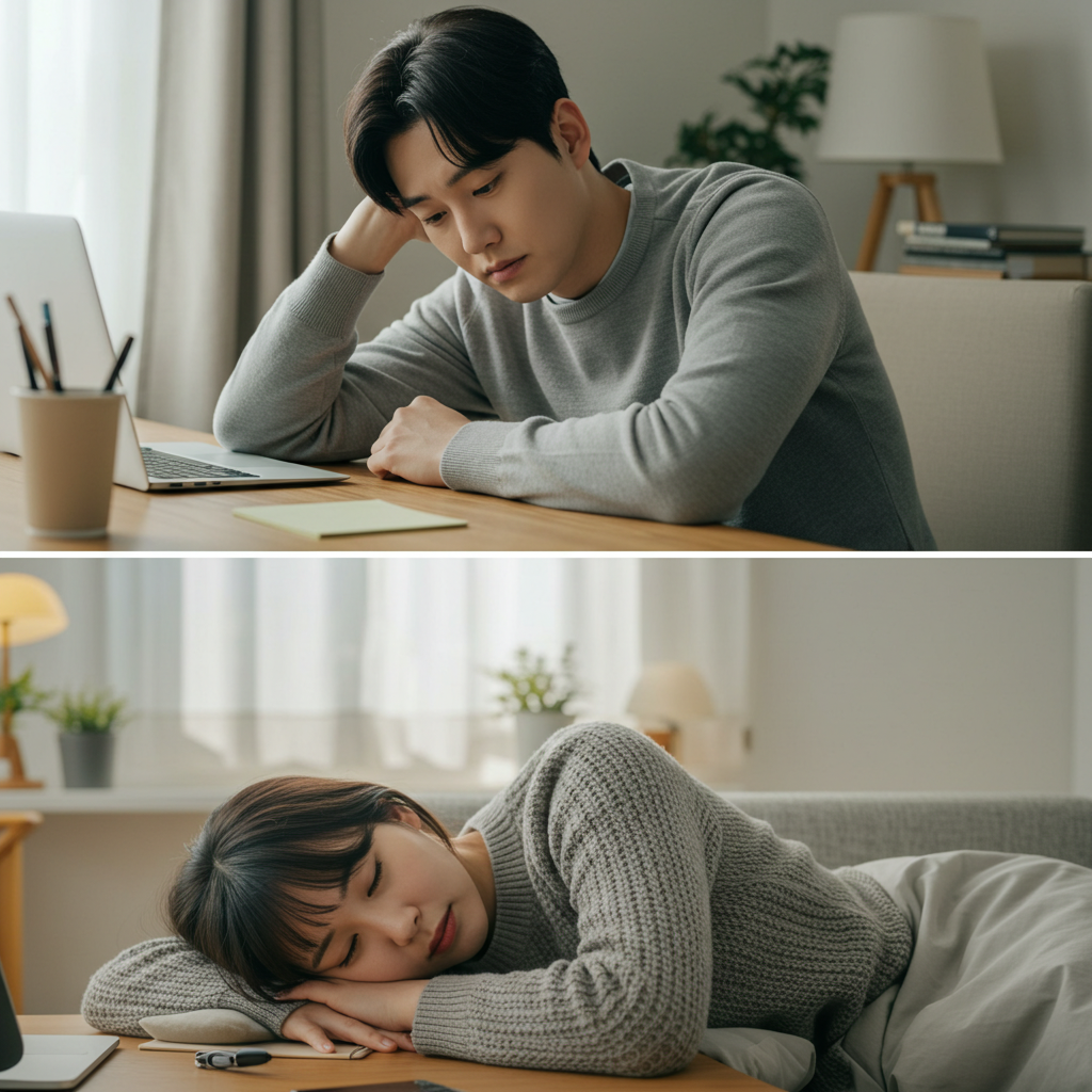 Prompt #3Lifestyle triggers scene: a Korean office worker leaning on an elbow at a desk while scrolling a smartphone at chest level, another frame shows side-sleeping with an arm pinned under the head, clear posture emphasis without text, cozy home setting, no text or logos, photorealistic, highly detailed, soft natural light, ultra clear focus
